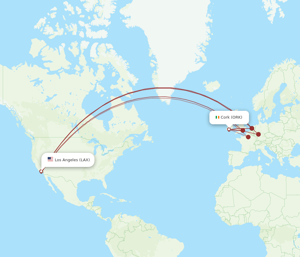 LAX to ORK flights and routes map