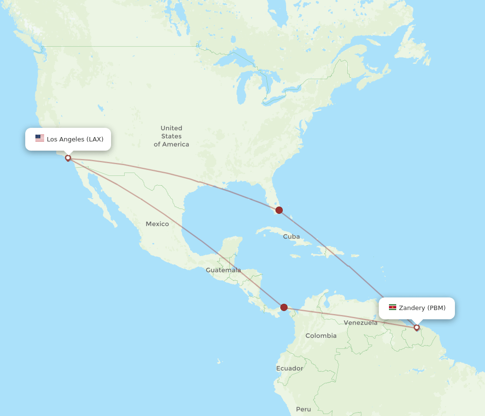 LAX to PBM flights and routes map
