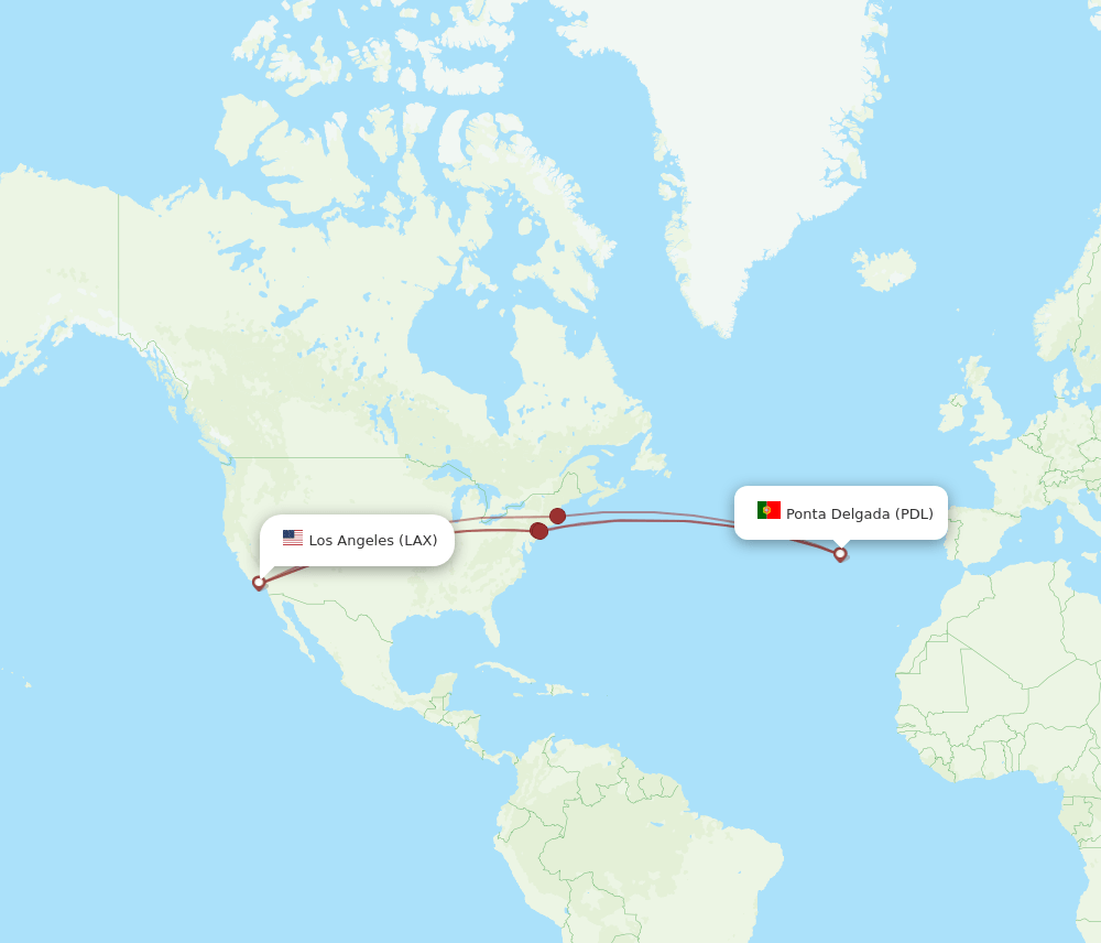 Ponta Delgada (Azores) - Los Angeles route map and flight paths