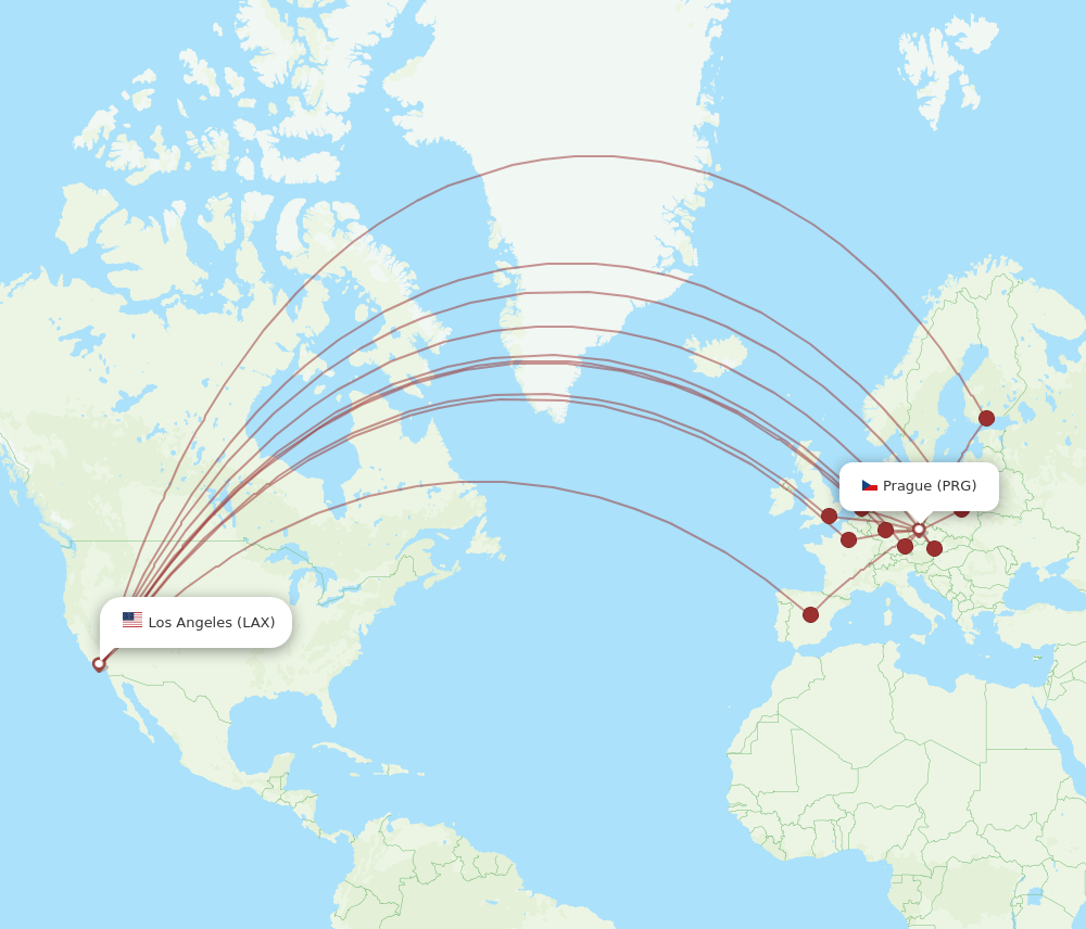 LAX to PRG flights and routes map