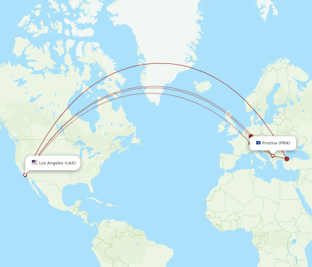 LAX to PRN flights and routes map
