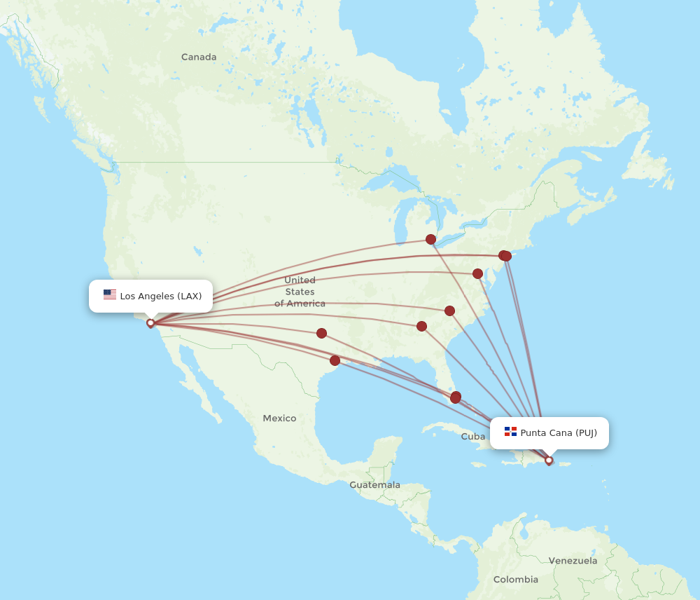 LAX to PUJ flights and routes map