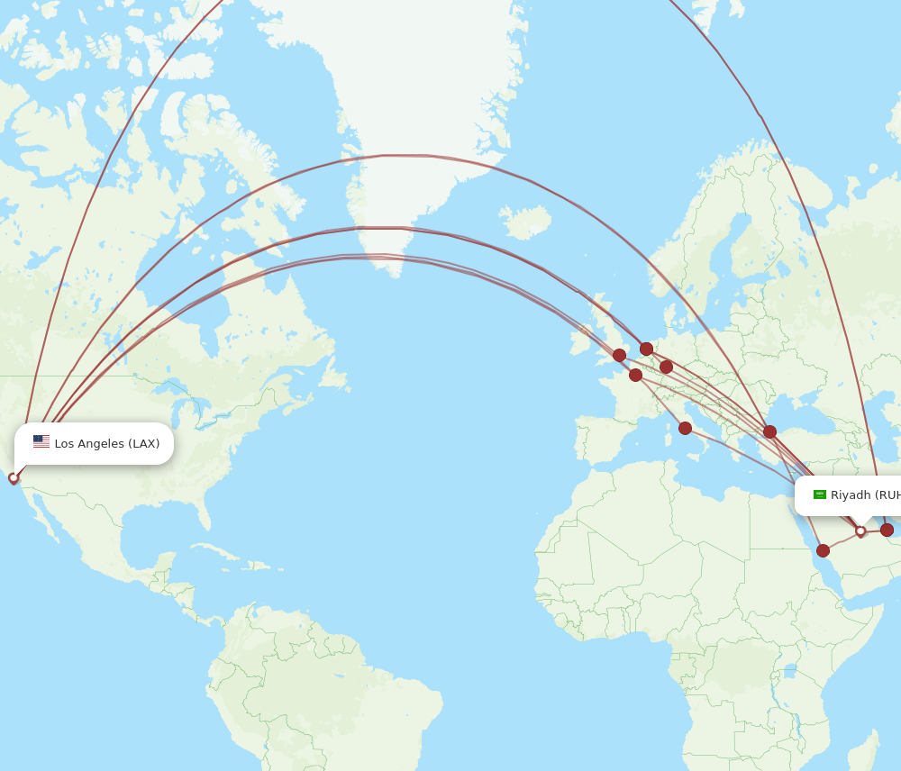 LAX to RUH flights and routes map