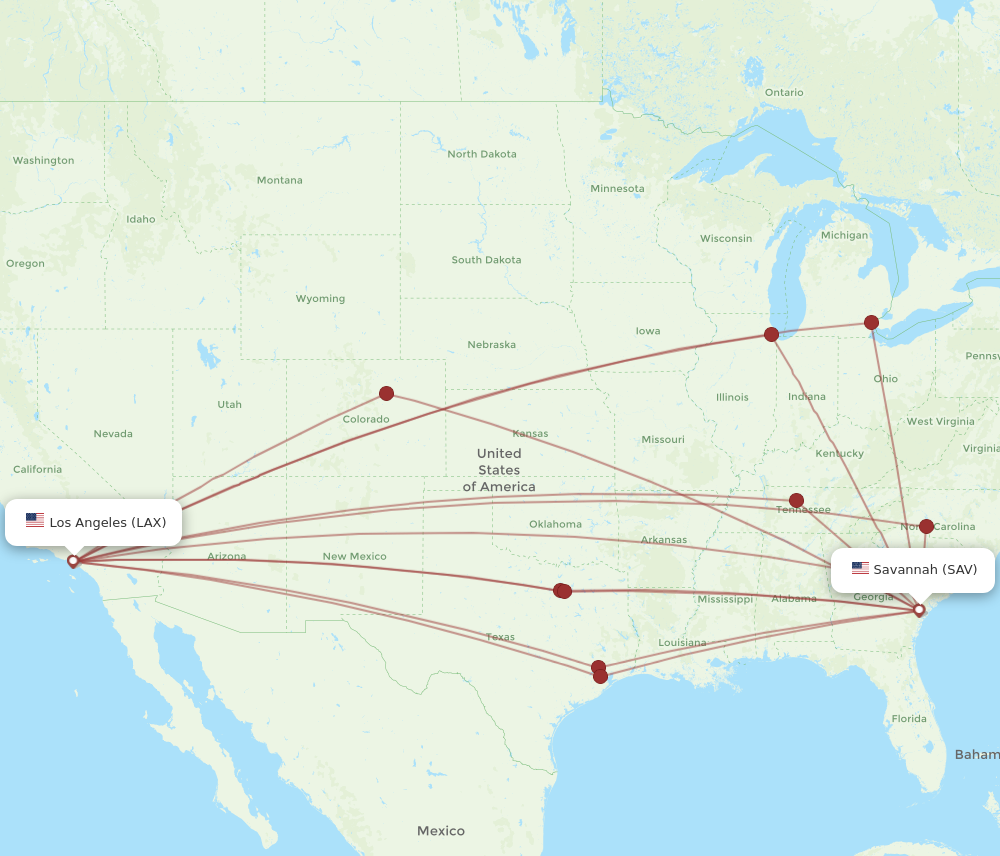 LAX to SAV flights and routes map