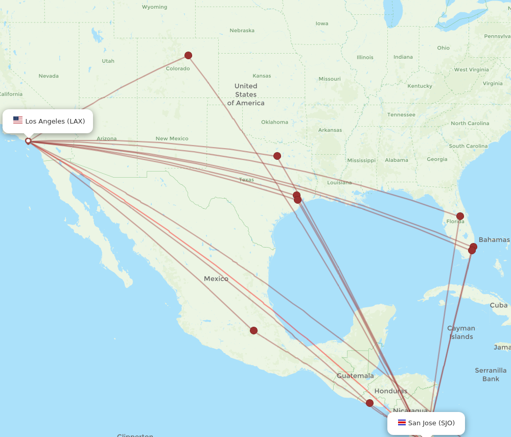 LAX to SJO flights and routes map