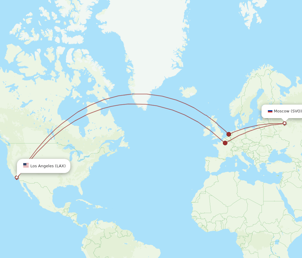 Los Angeles - Moscow route map and flight paths