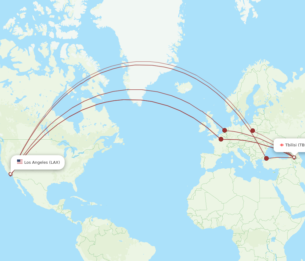 LAX to TBS flights and routes map