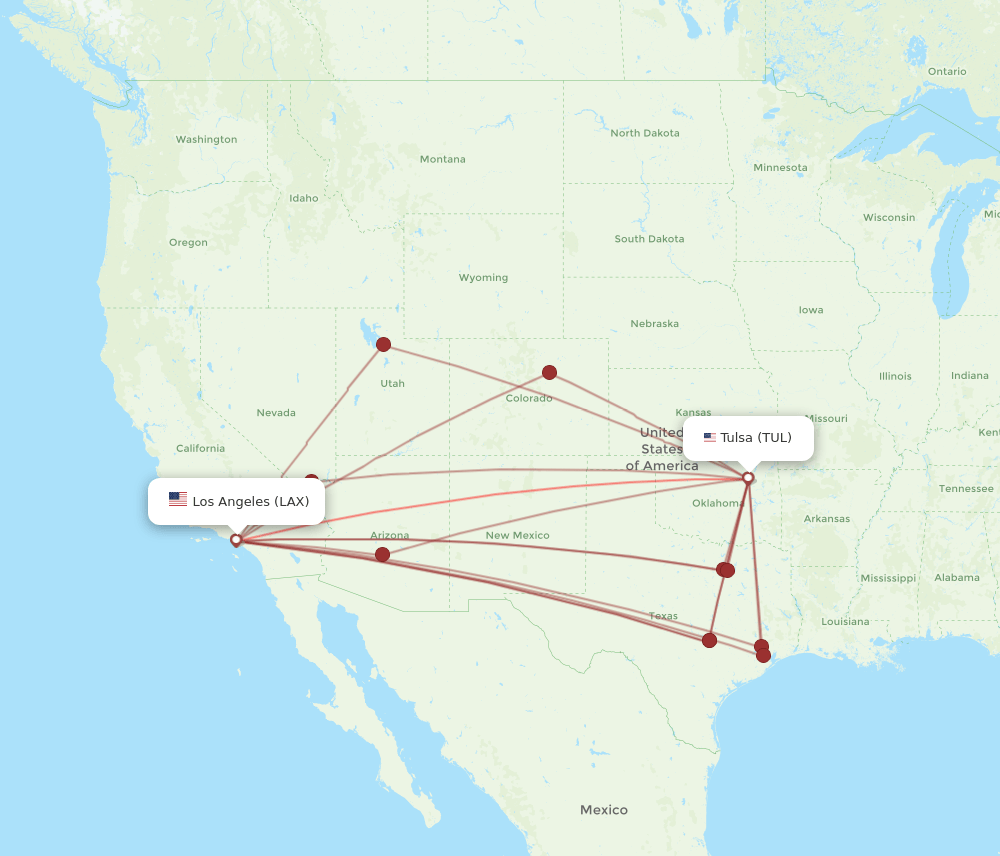 LAX to TUL flights and routes map