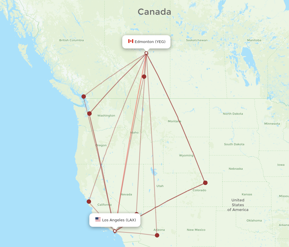 LAX to YEG flights and routes map