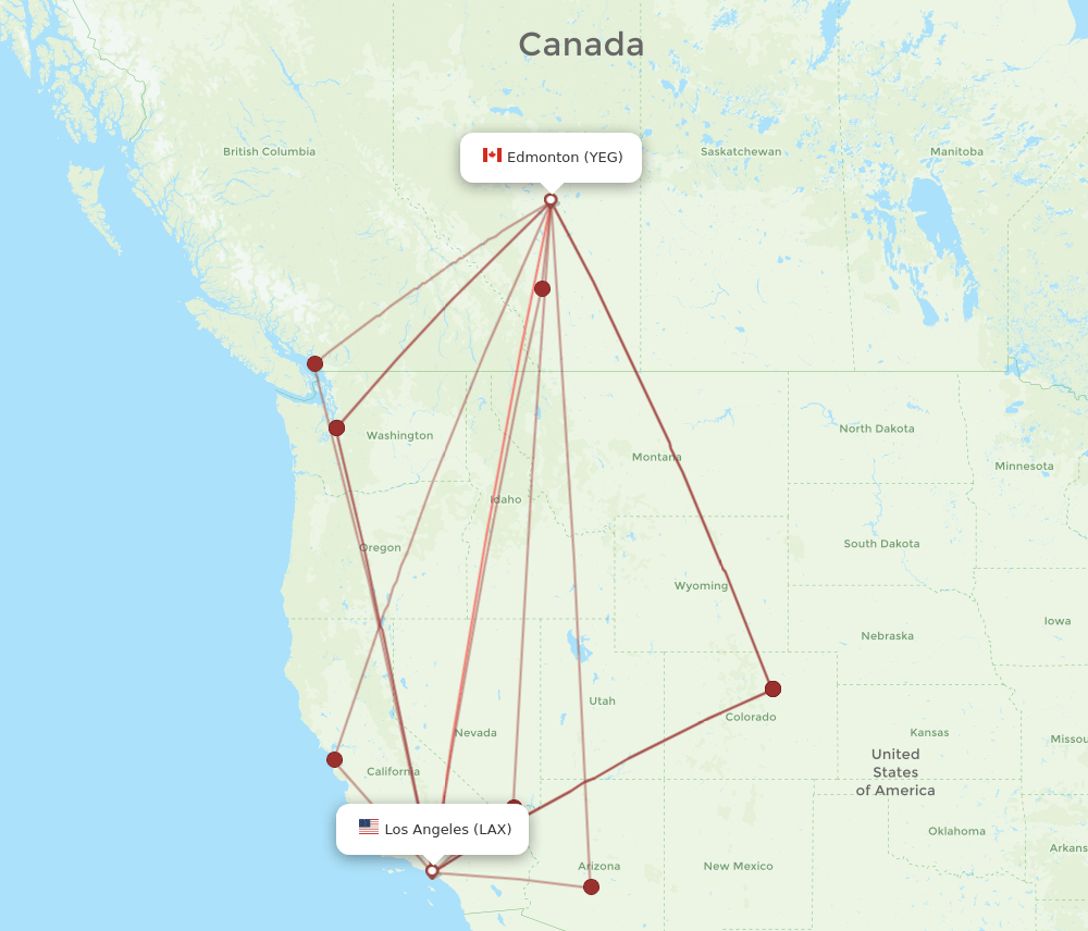 LAX to YEG flights and routes map