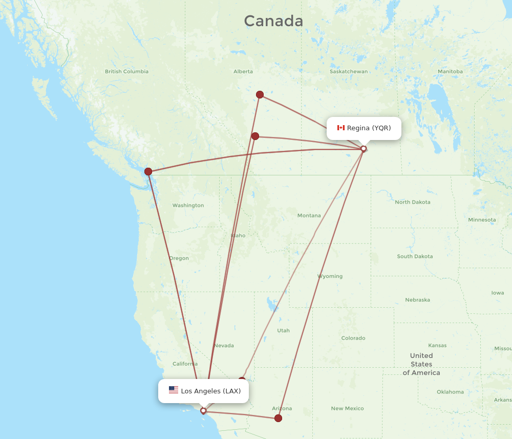 LAX to YQR flights and routes map