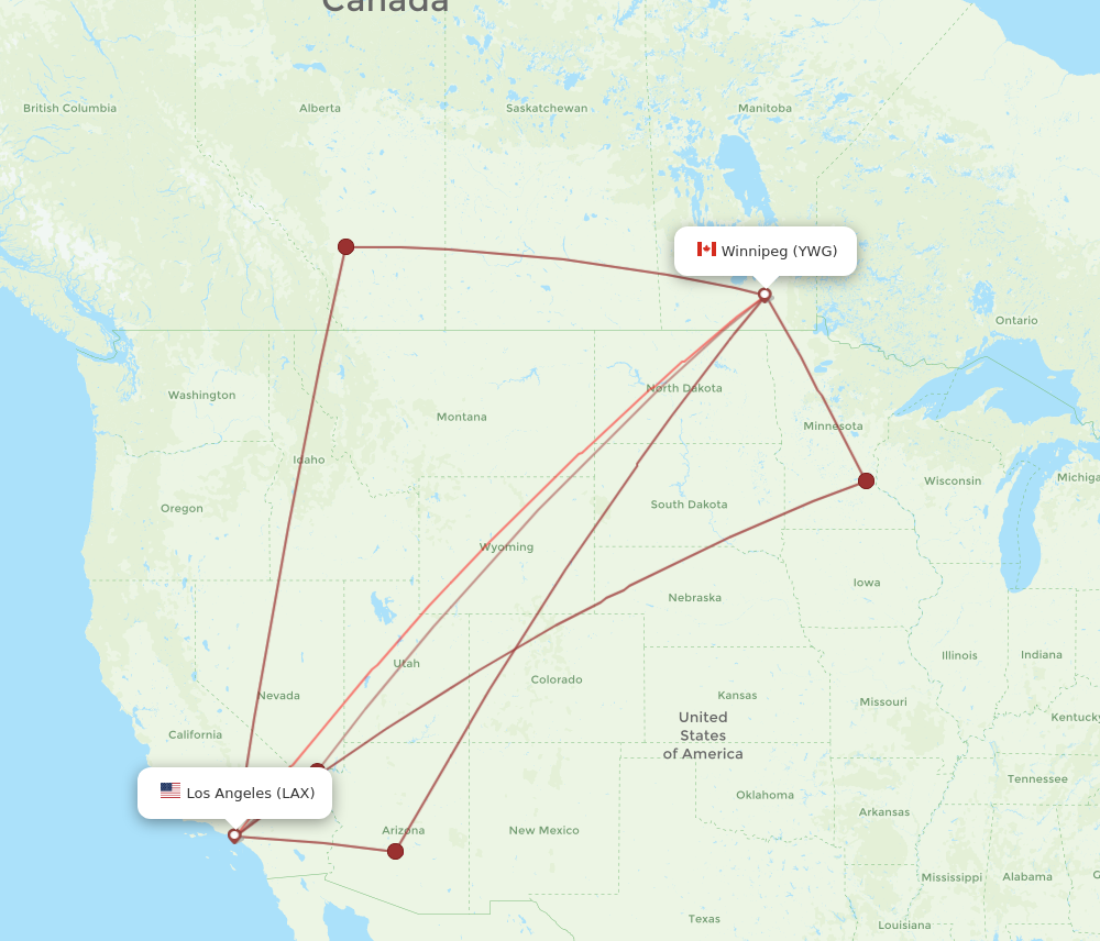 LAX to YWG flights and routes map
