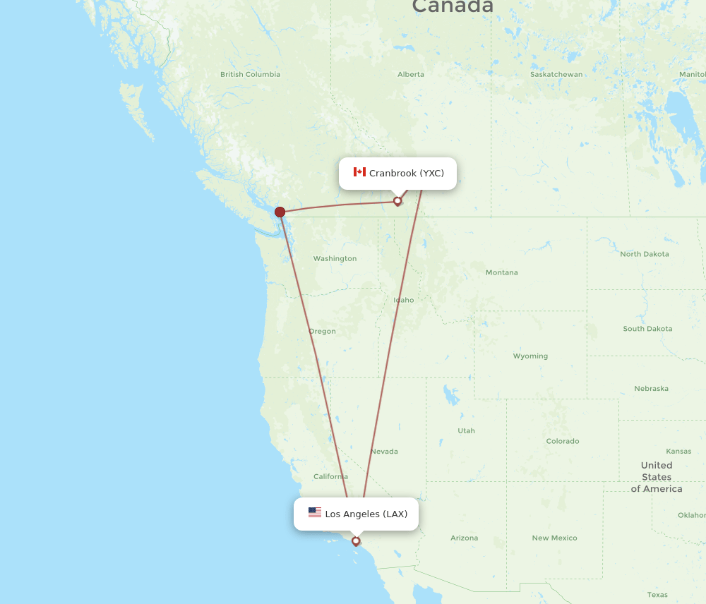 Cranbrook - Los Angeles route map and flight paths