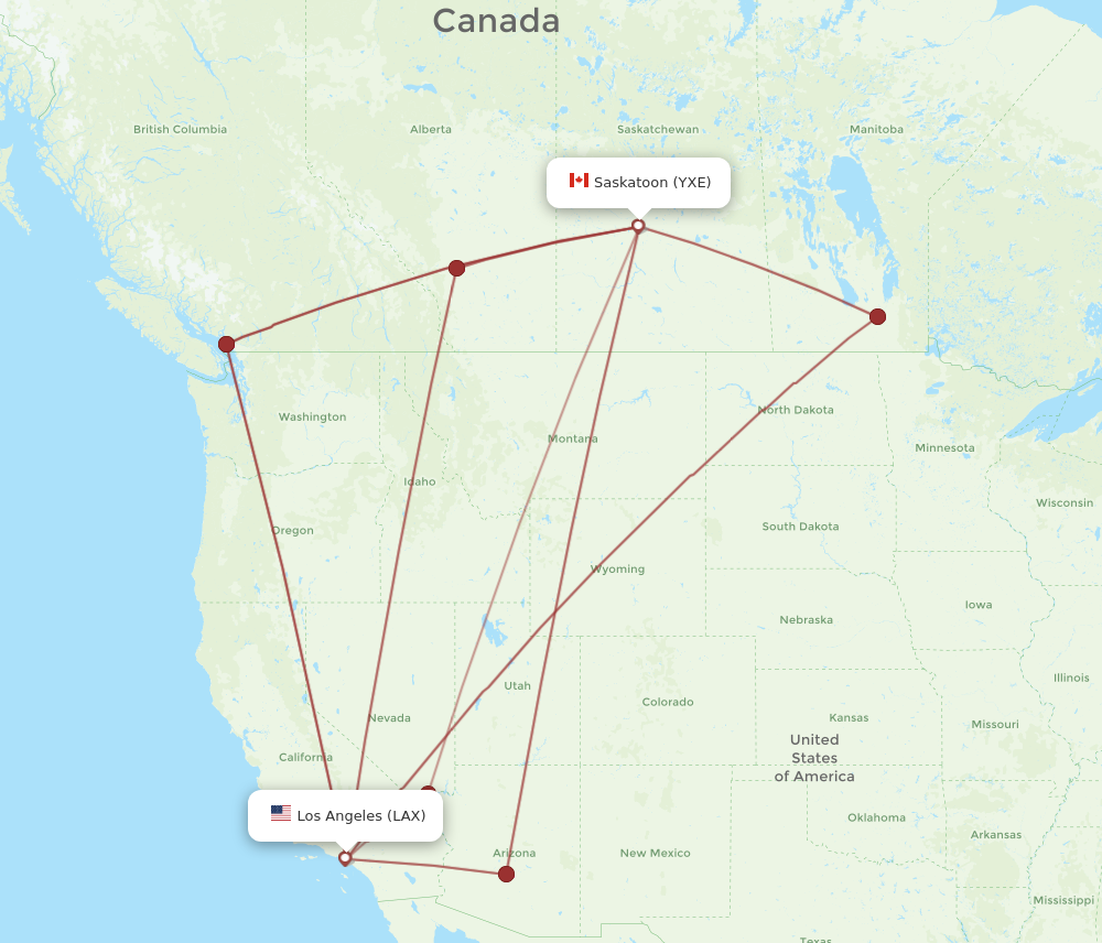 YXE to LAX flights and routes map