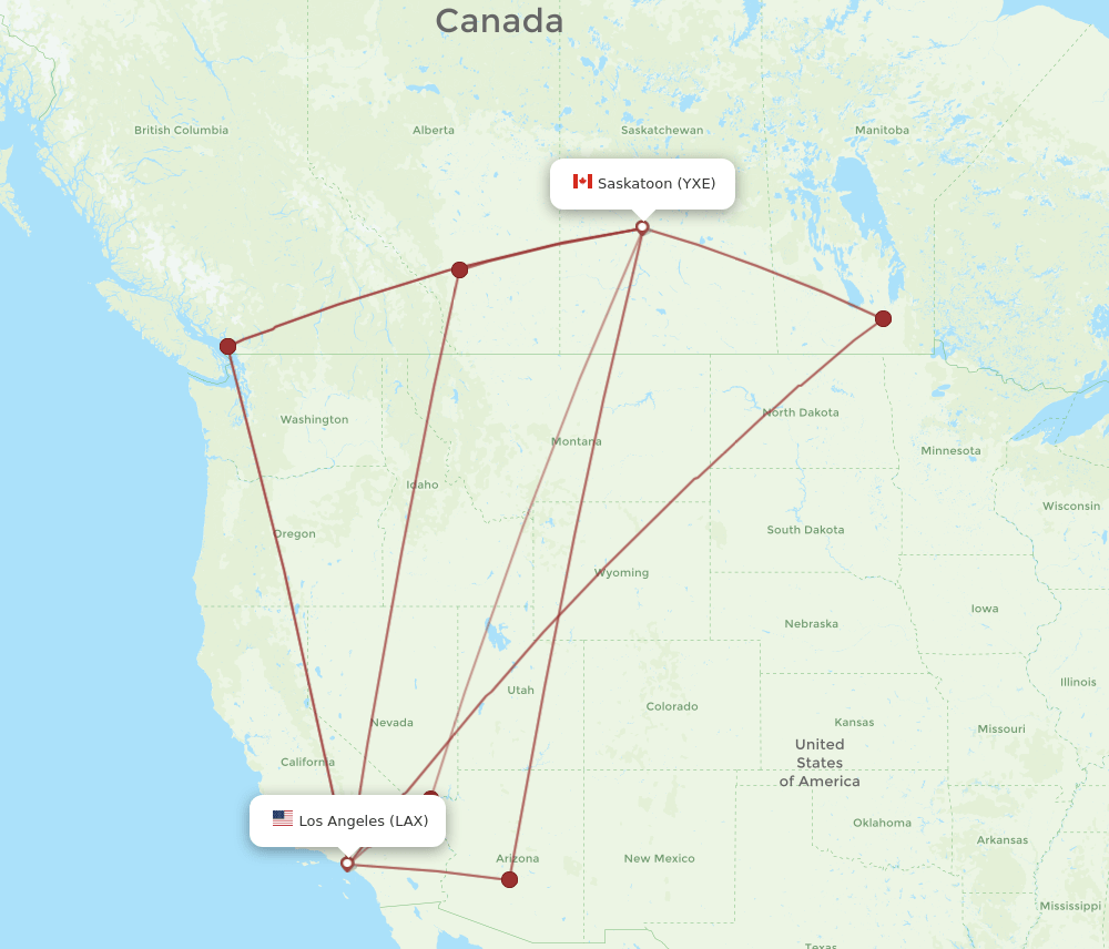 Saskatoon - Los Angeles route map and flight paths
