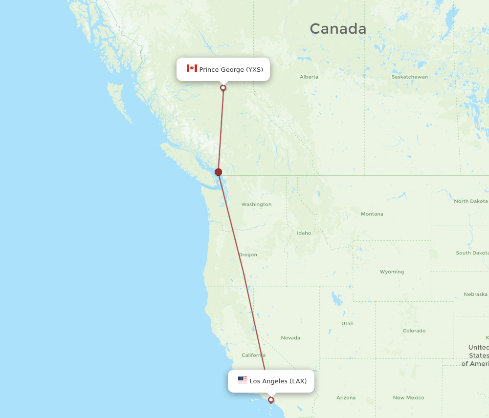 Prince George - Los Angeles route map and flight paths