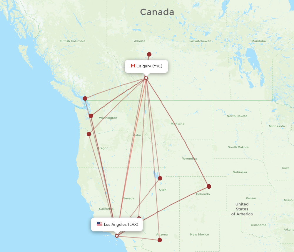 LAX to YYC flights and routes map