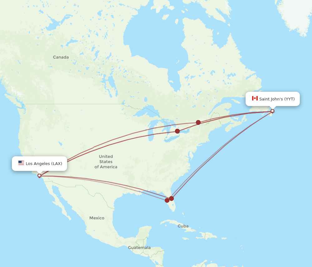 LAX to YYT flights and routes map