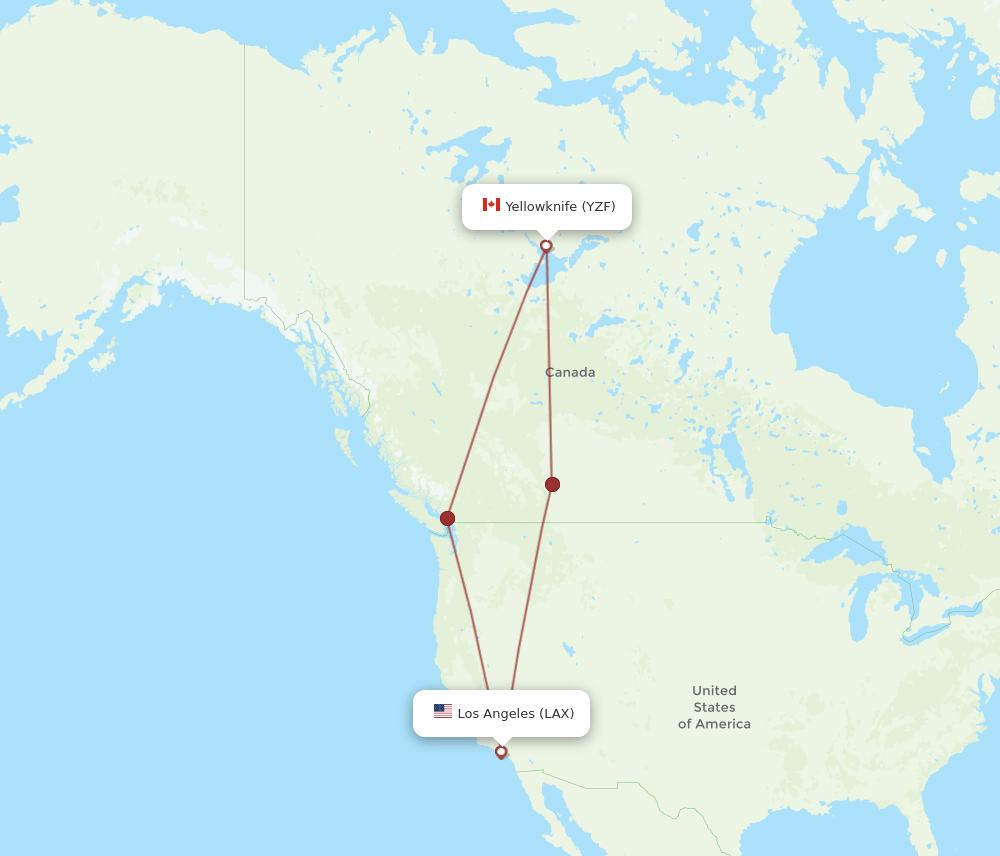 Yellowknife - Los Angeles route map and flight paths