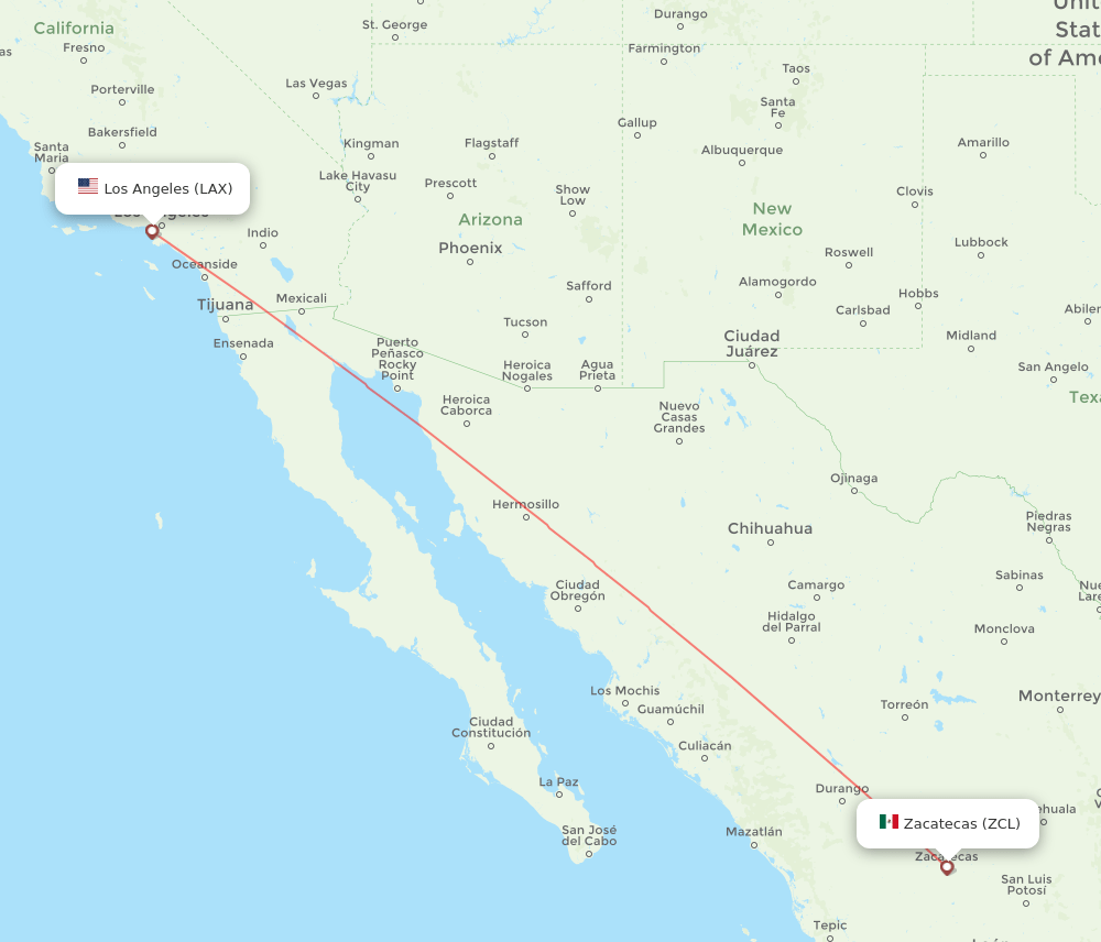 Los Angeles - Zacatecas route map and flight paths
