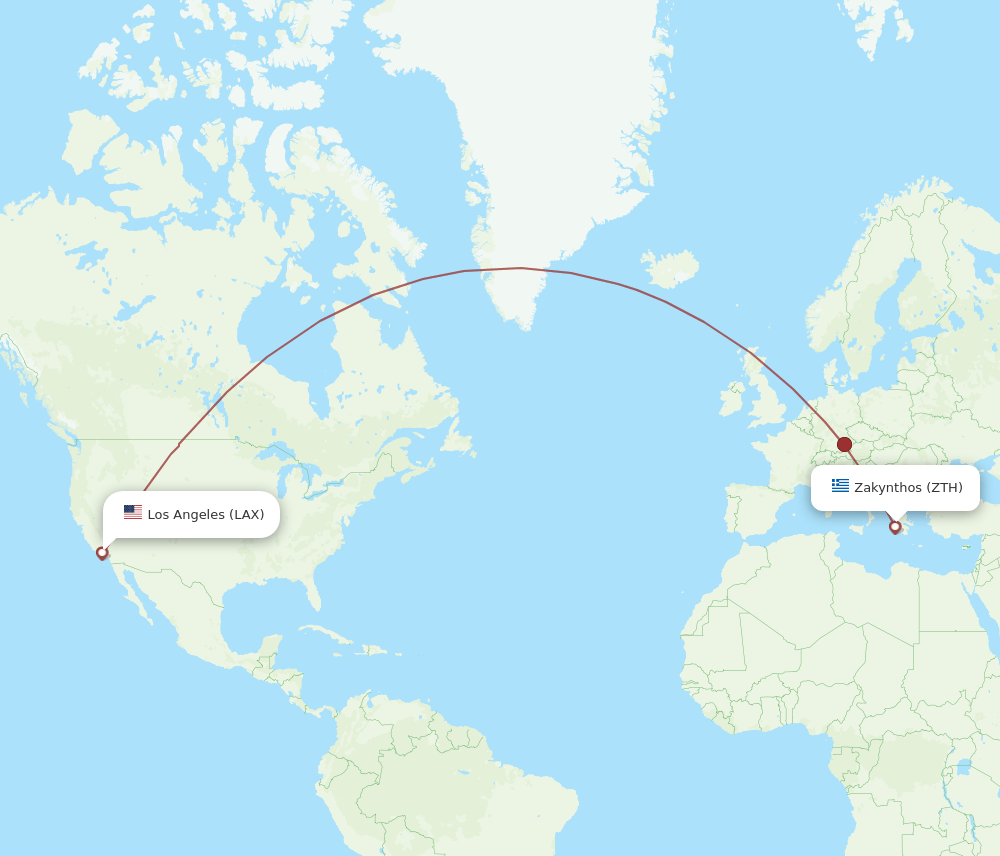 Zakinthos - Los Angeles route map and flight paths
