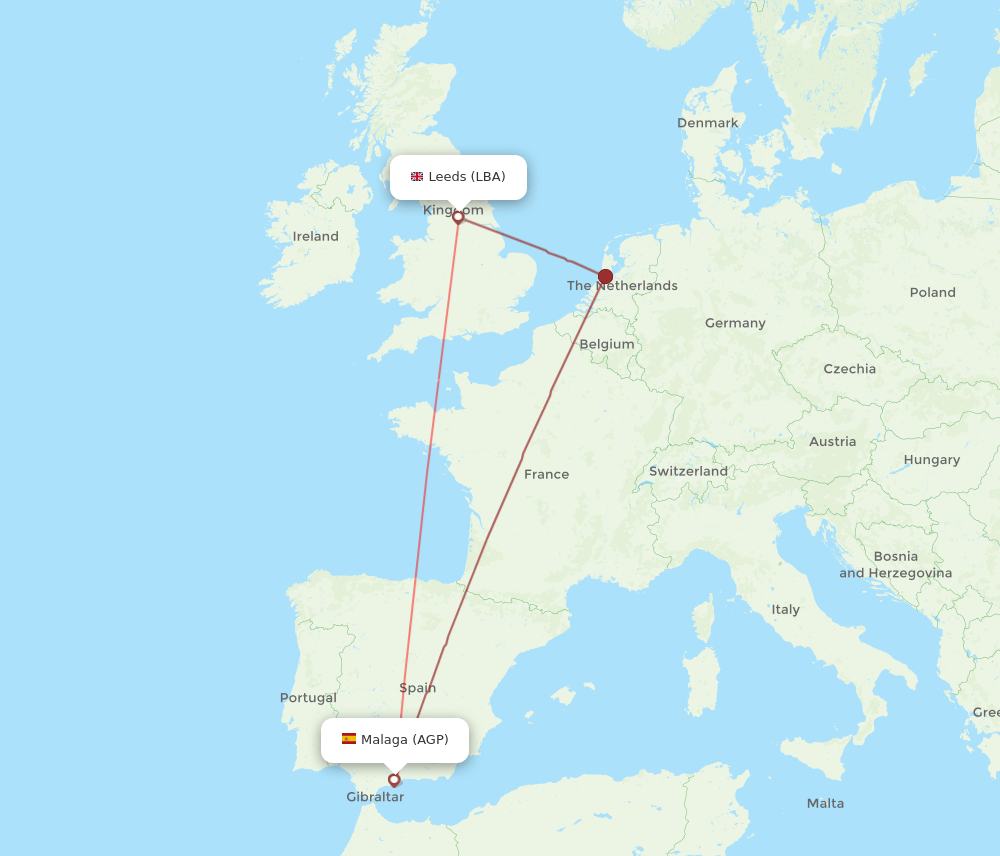 LBA to AGP flights and routes map