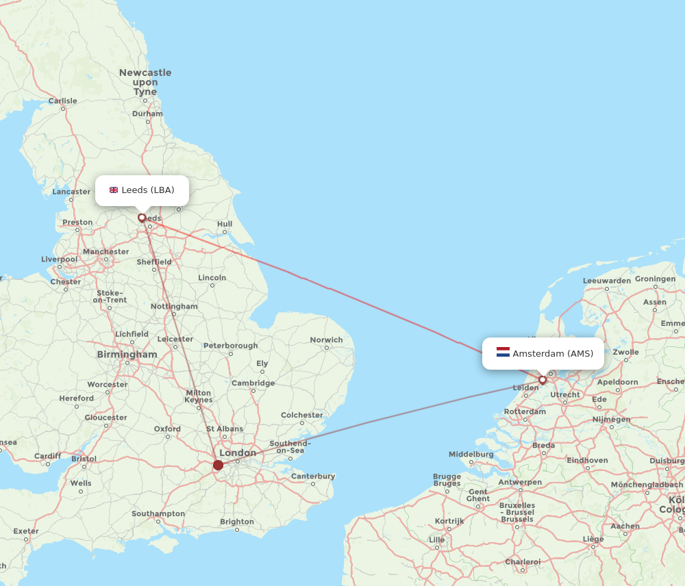 LBA to AMS flights and routes map