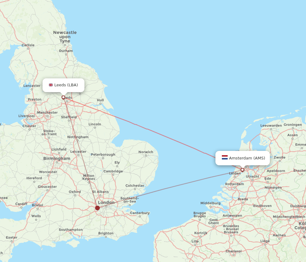 Leeds - Amsterdam route map and flight paths