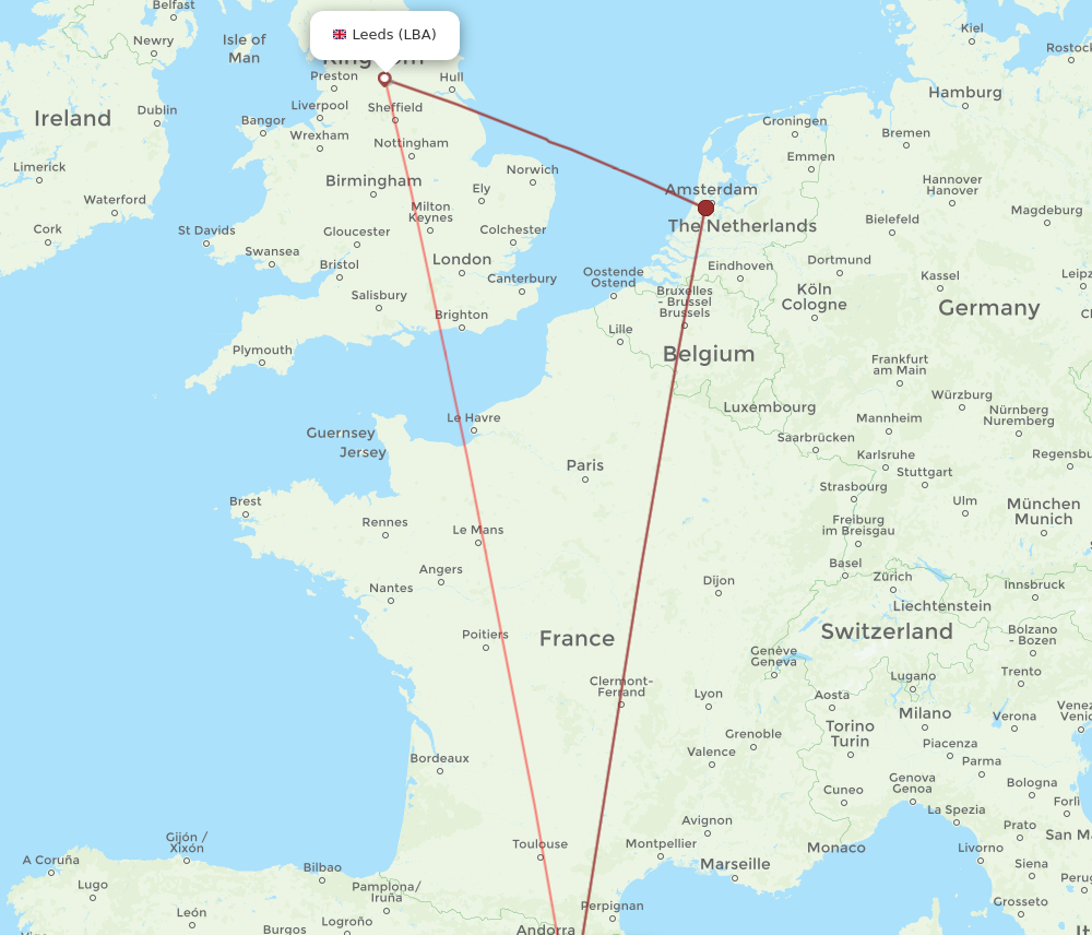 LBA to BCN flights and routes map