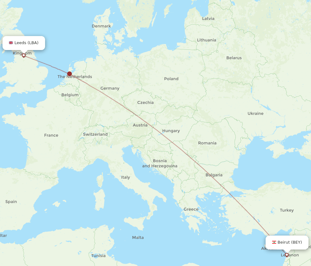 Beirut - Leeds route map and flight paths