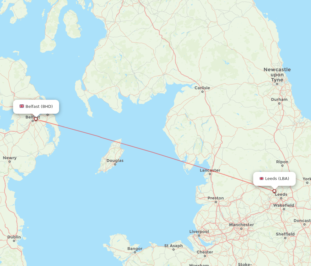 Leeds - Belfast route map and flight paths