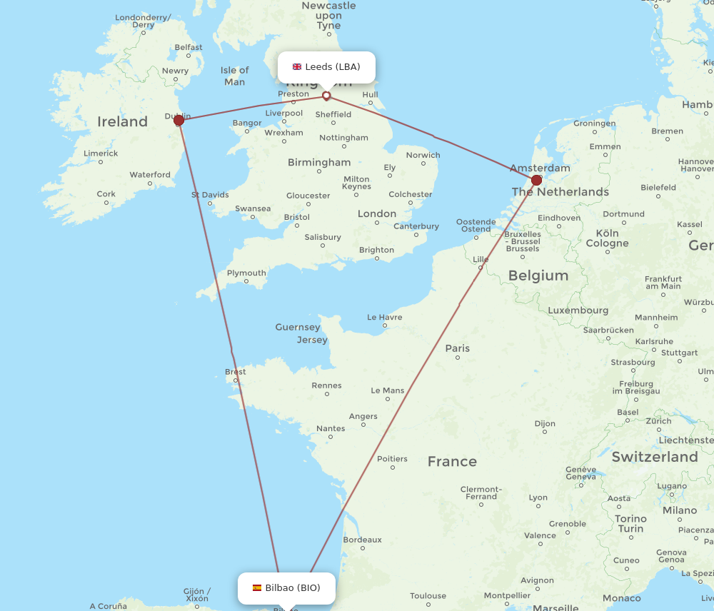 LBA to BIO flights and routes map