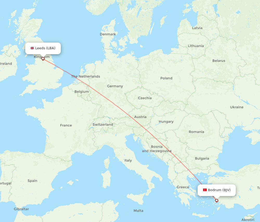 LBA to BJV flights and routes map