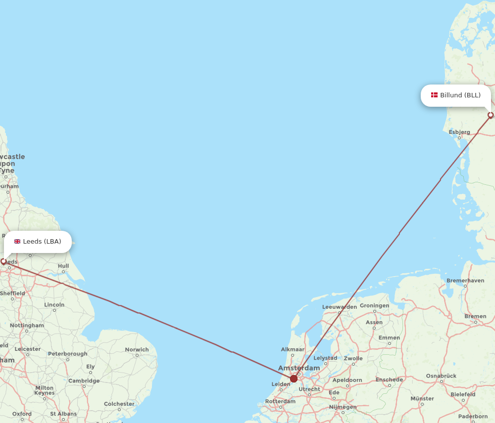 LBA to BLL flights and routes map