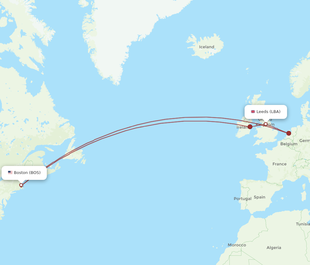 LBA to BOS flights and routes map