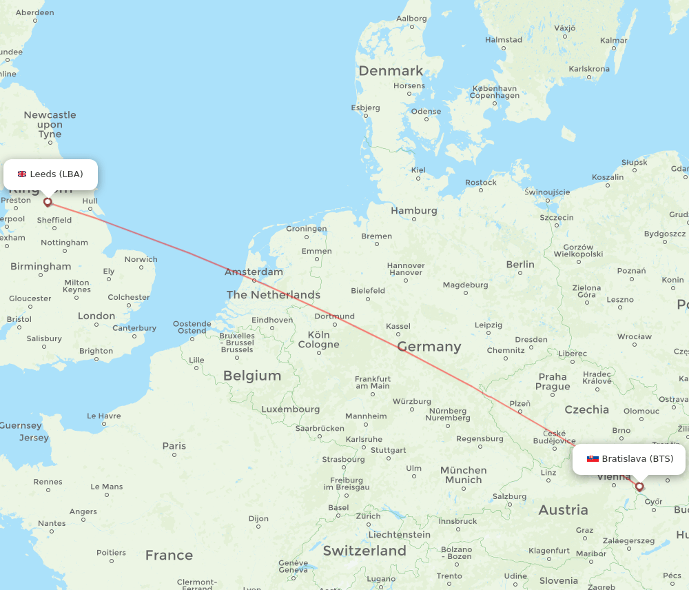 Leeds - Bratislava route map and flight paths
