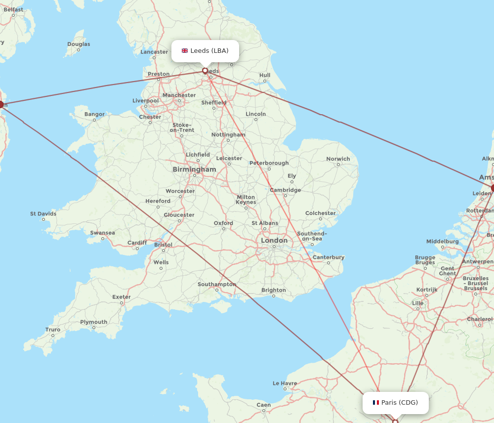 LBA to CDG flights and routes map