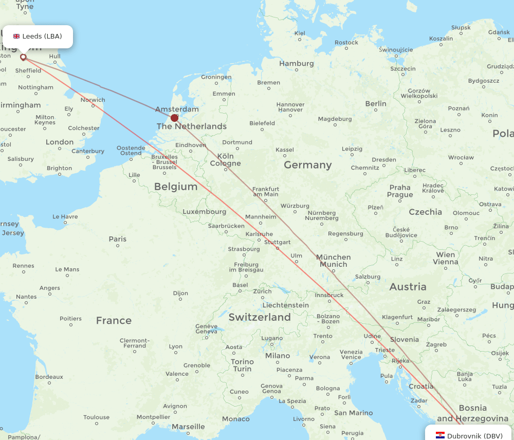 LBA to DBV flights and routes map