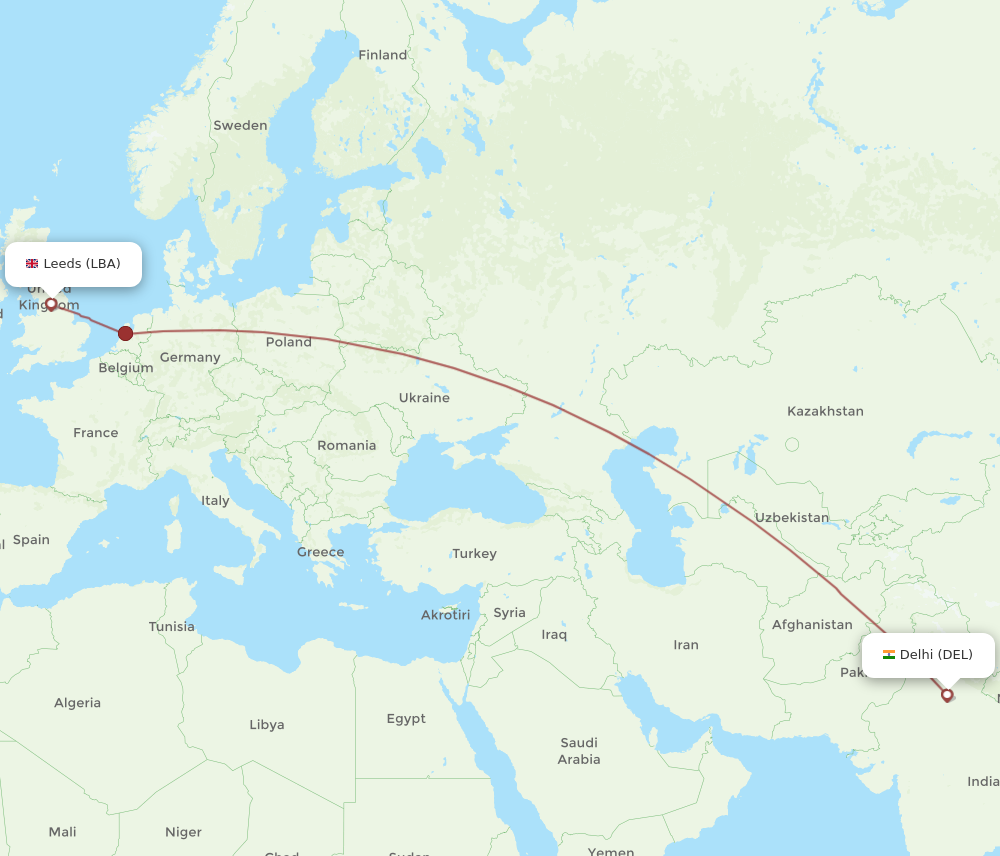 LBA to DEL flights and routes map