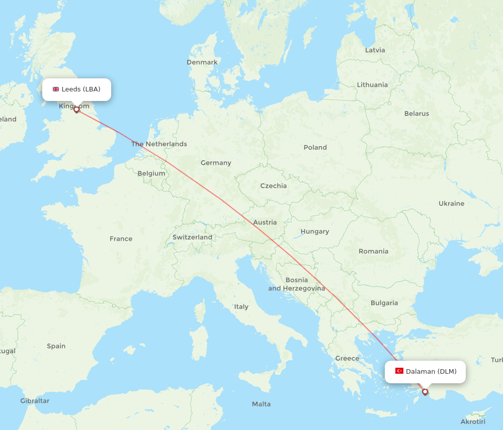 LBA to DLM flights and routes map