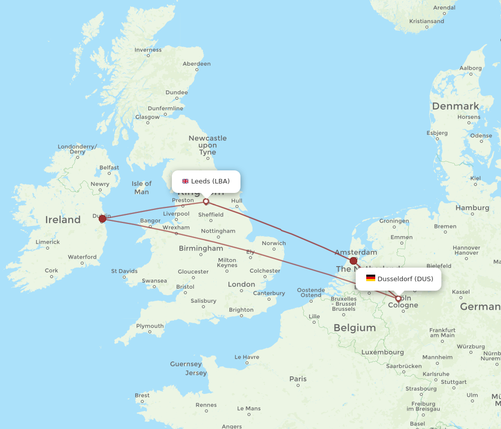 LBA to DUS flights and routes map