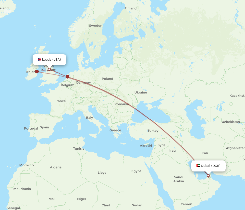 LBA to DXB flights and routes map