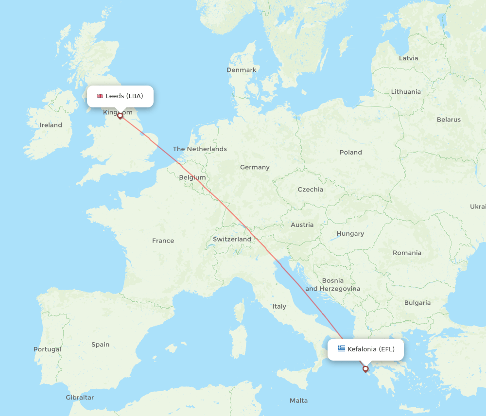 Leeds - Kefallinia route map and flight paths