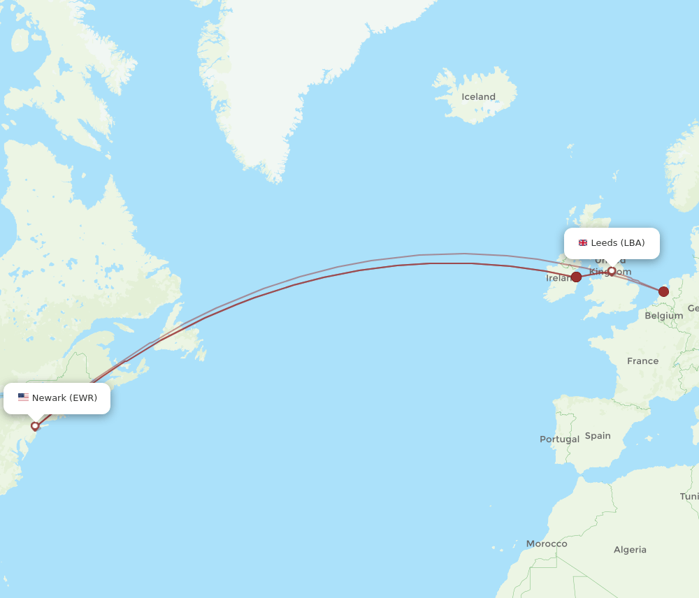 LBA to EWR flights and routes map