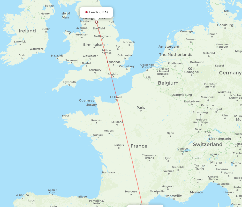 Leeds - Girona route map and flight paths