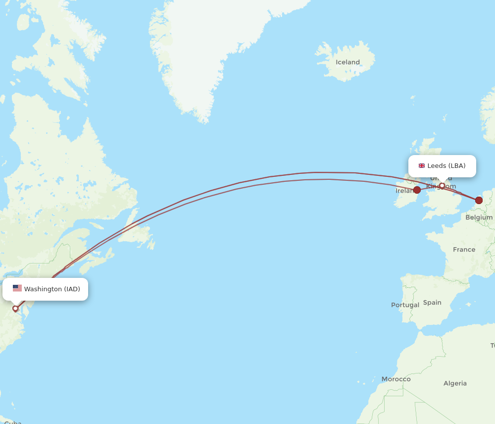 LBA to IAD flights and routes map