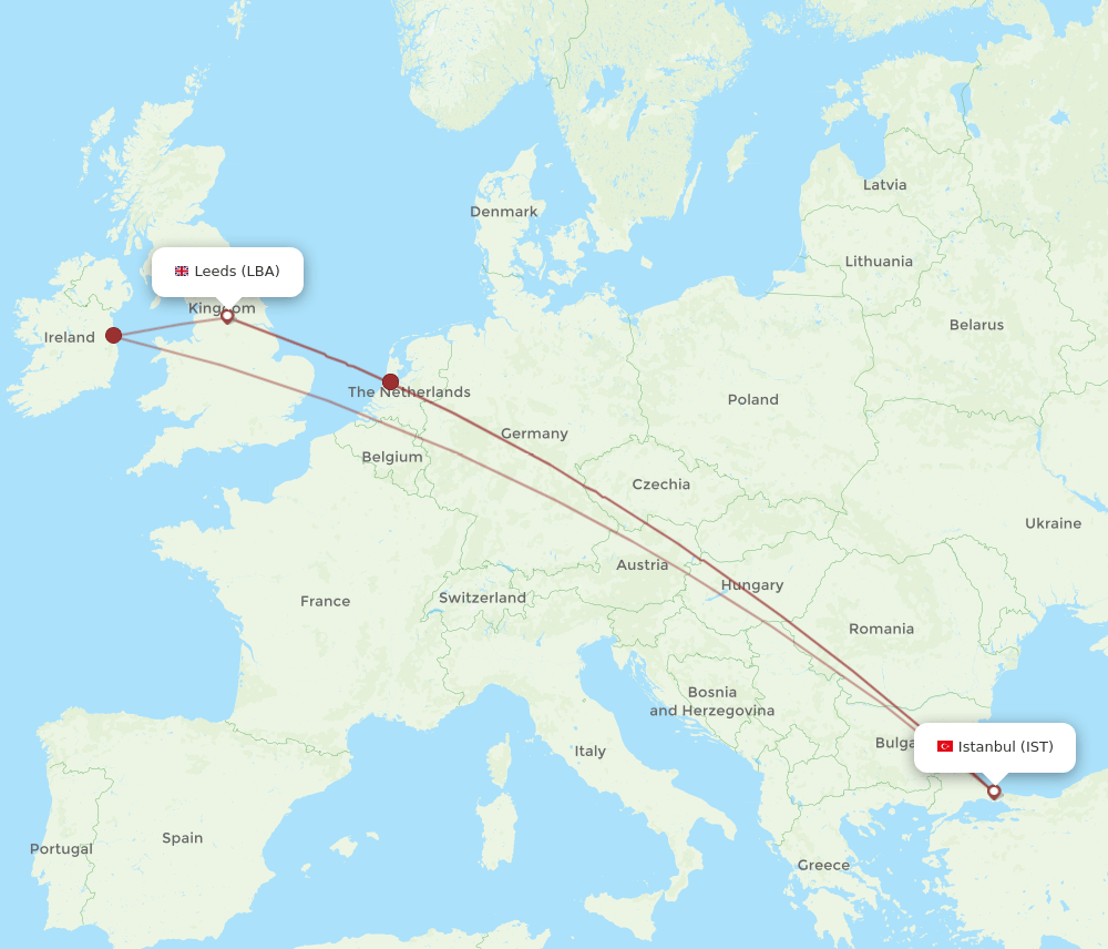 LBA to IST flights and routes map