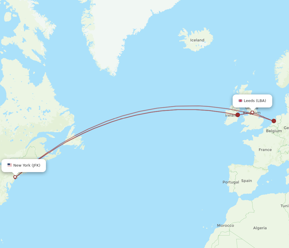 LBA to JFK flights and routes map