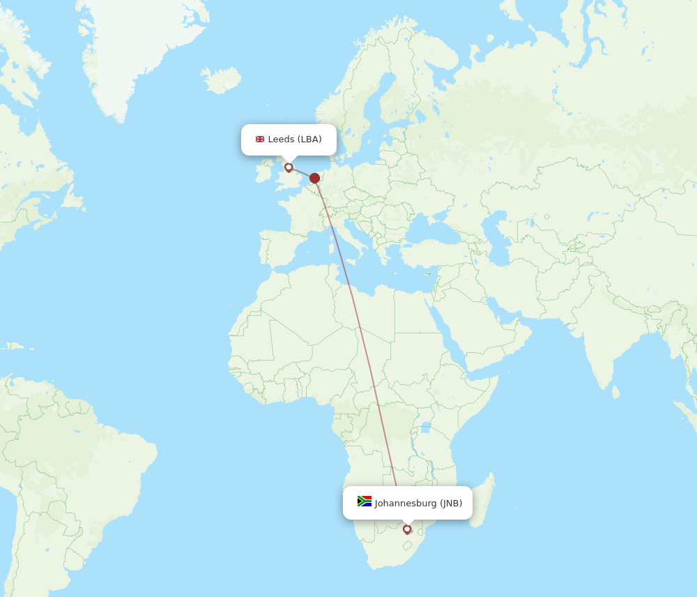 LBA to JNB flights and routes map