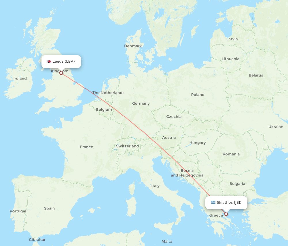 Leeds - Skiathos route map and flight paths